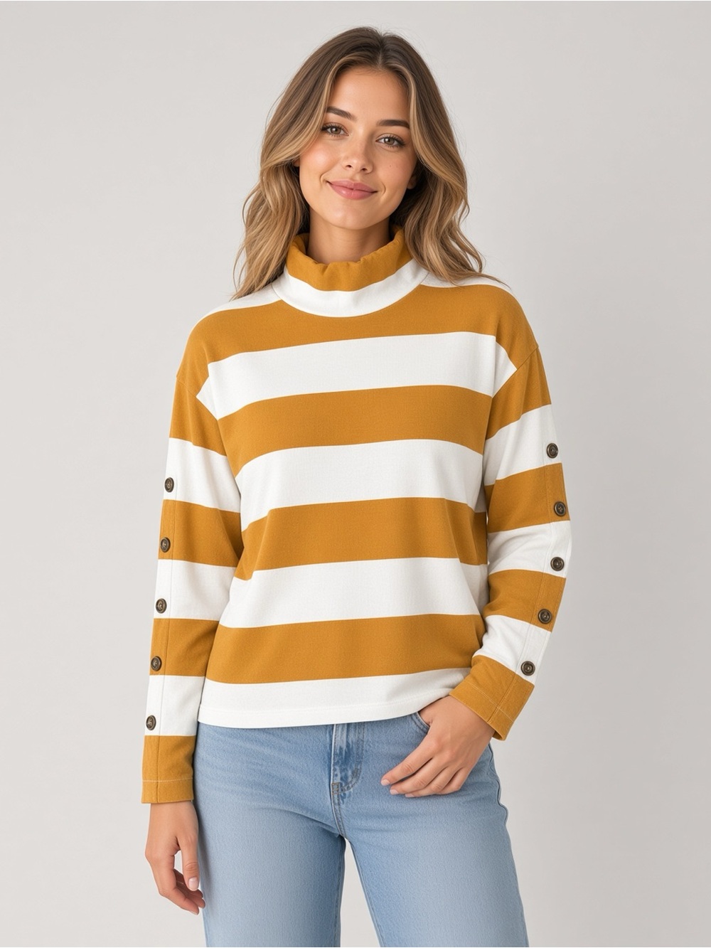 Madewell Mustard Stripe Button-Sleeve Turtleneck XS 🧡🤍